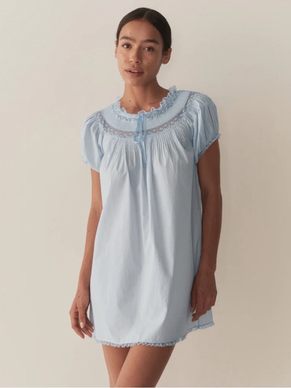 Doen Daphne Light Blue Mini Dress with Lace Yoke
